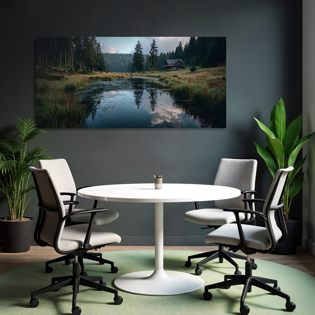 Ruhige Landschaft Mit Holzhütte Und Reflektionen Im Wasser