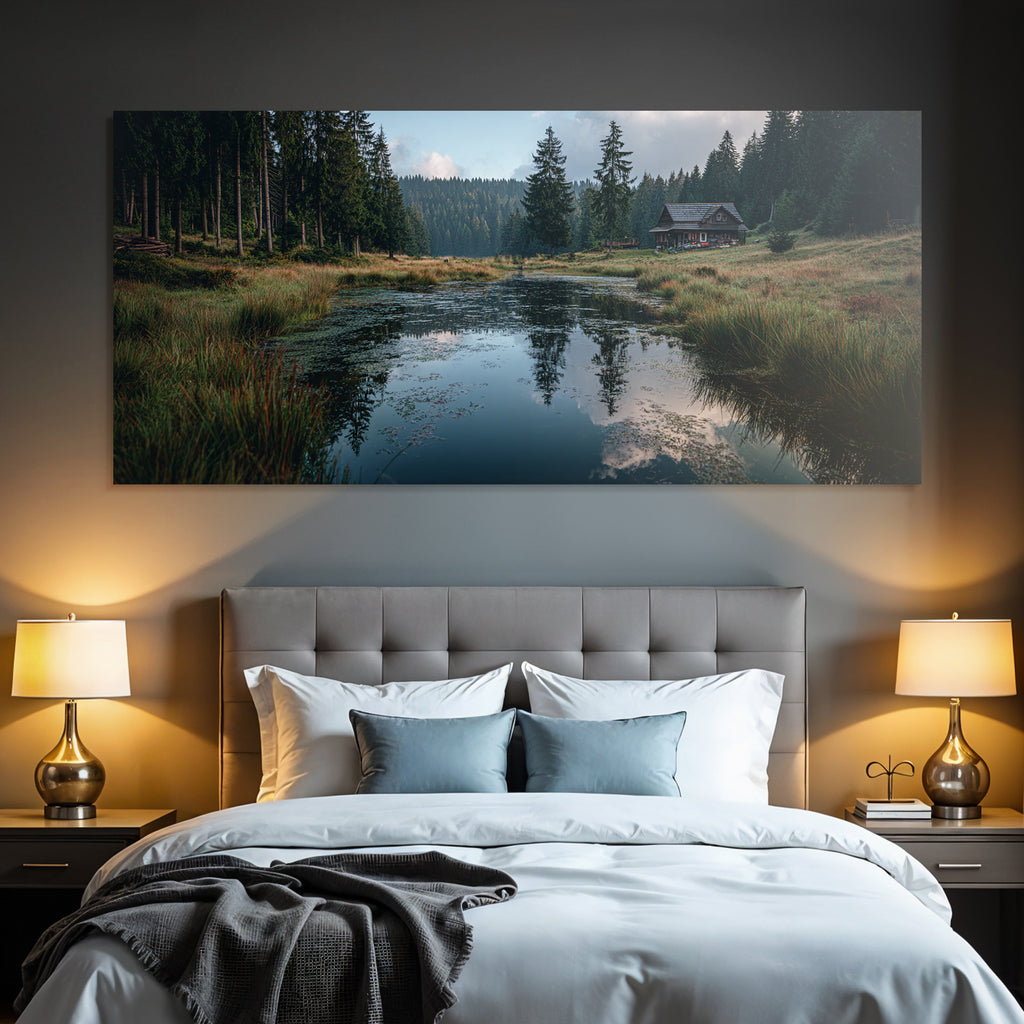 Ruhige Landschaft Mit Holzhütte Und Reflektionen Im Wasser