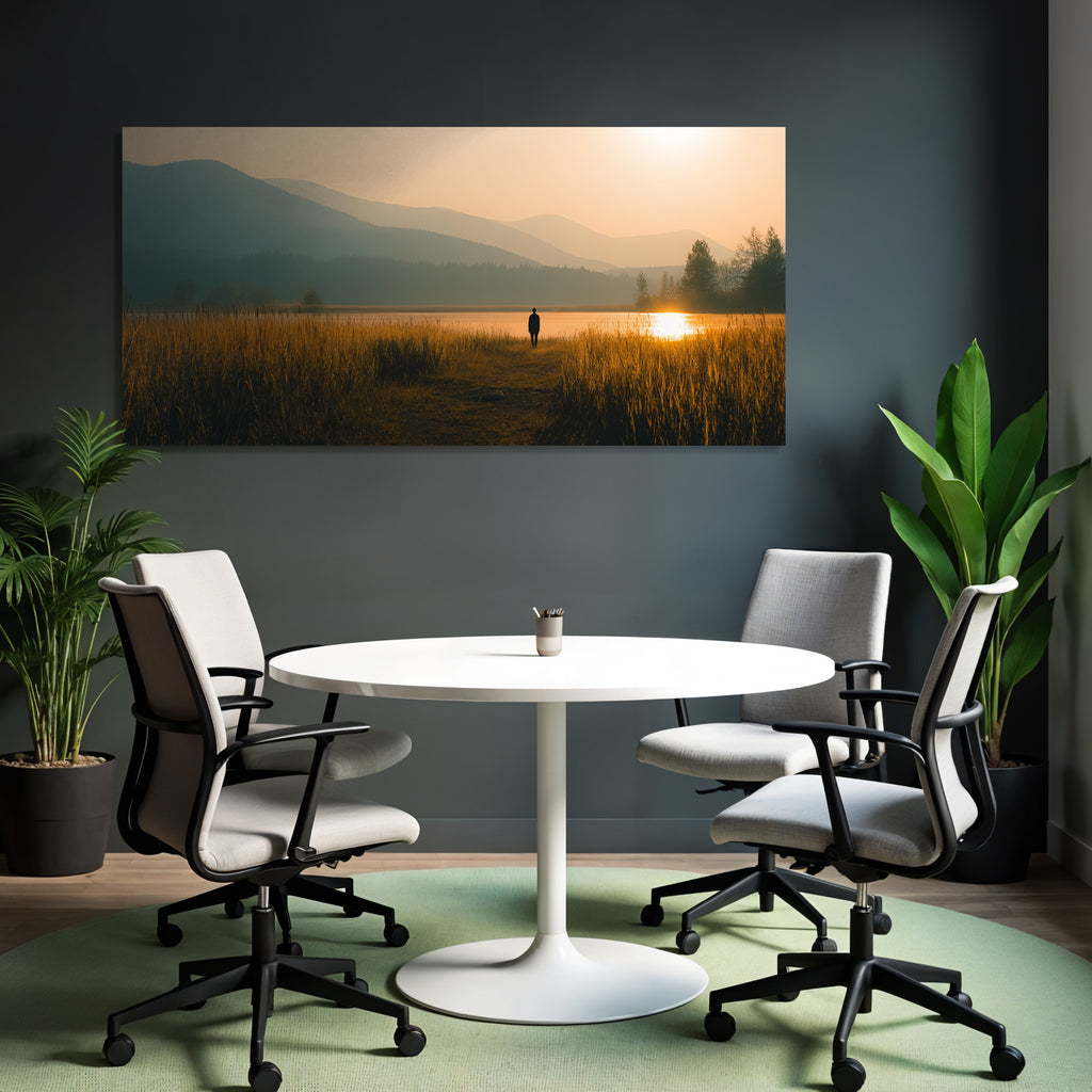 Ruhige Landschaft Person Auf Pfad Am Wasser Beim Sunset