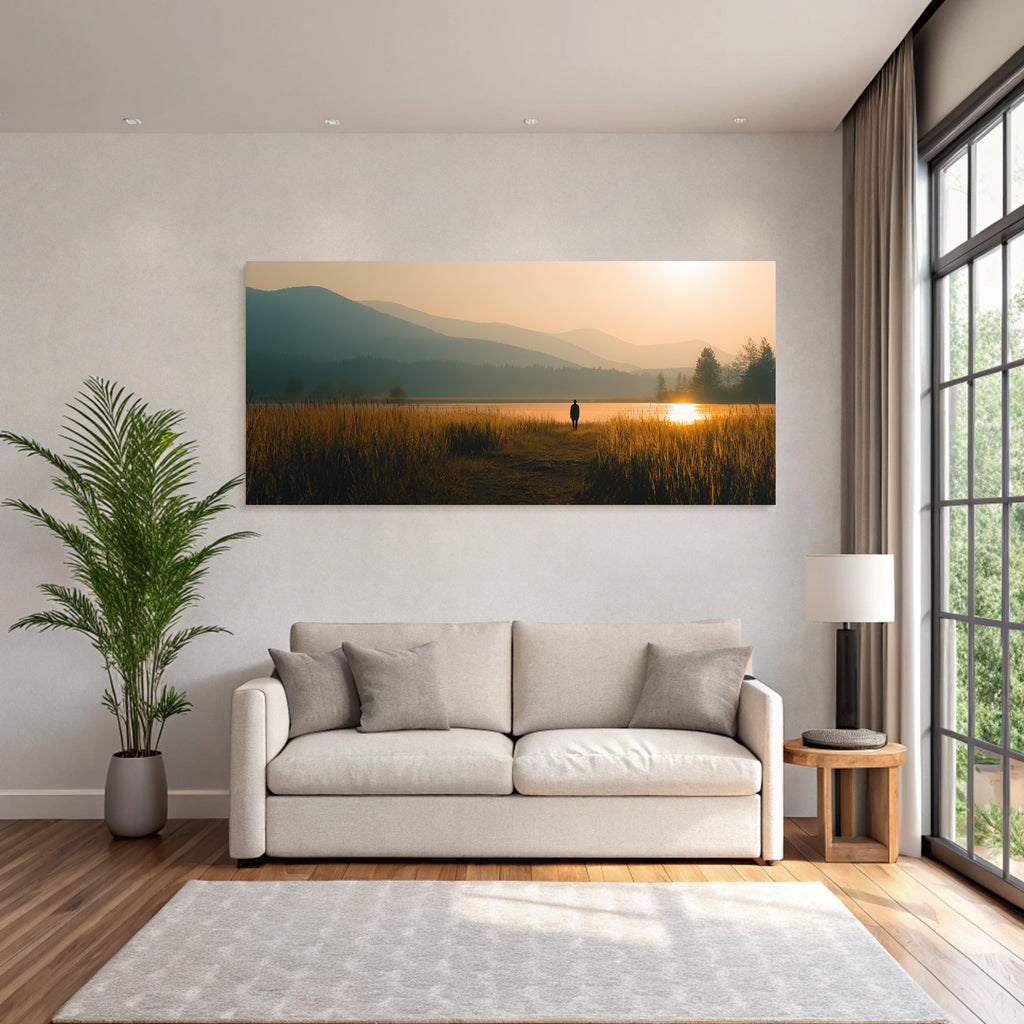 Ruhige Landschaft Person Auf Pfad Am Wasser Beim Sunset