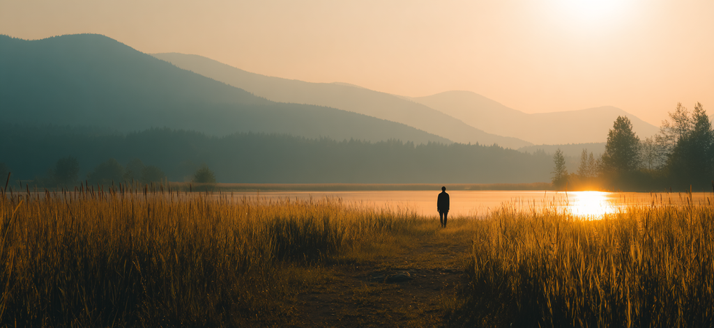 Ruhige Landschaft Person Auf Pfad Am Wasser Beim Sunset | Reisen und Outdoor | Themen und Hobbys