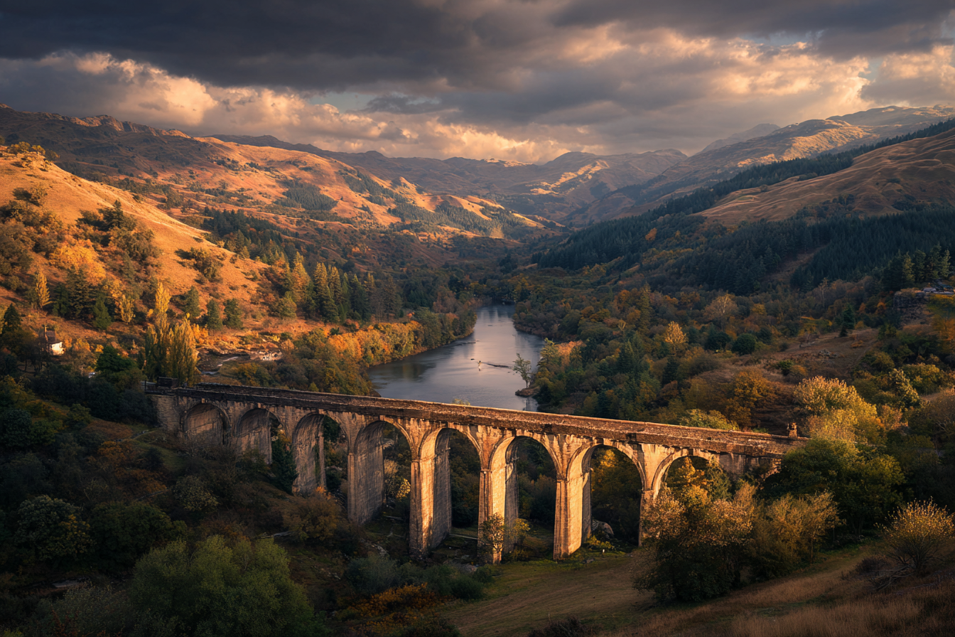 Stein Bogenbrücke Über Fluss Mit Herbstliche Landschaft | Reisen und Outdoor | Themen und Hobbys