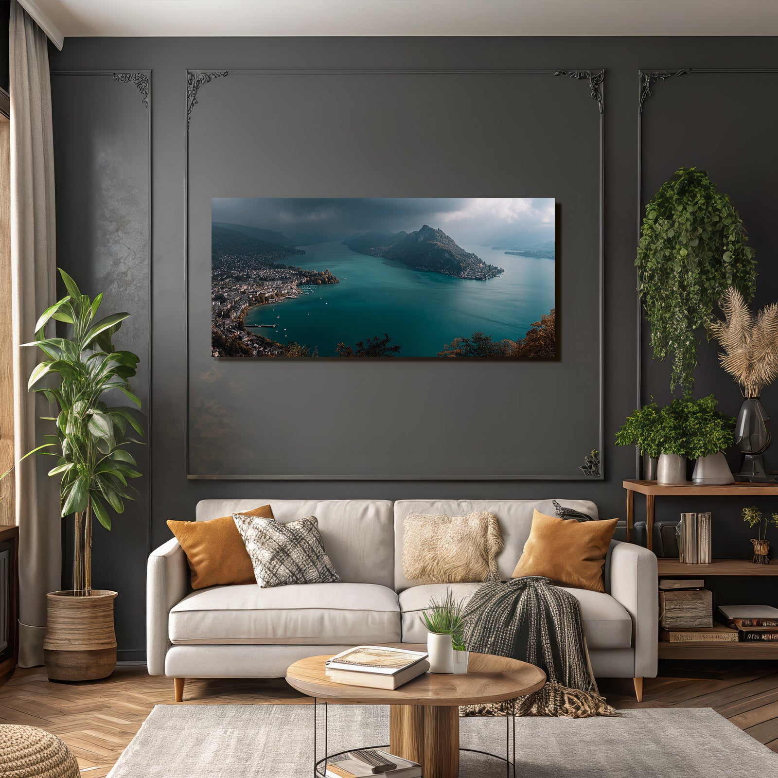 Szenische Landschaft Mit See Umgeben Von Bergen Ortschaft Am Ufer Turquoise Wasser