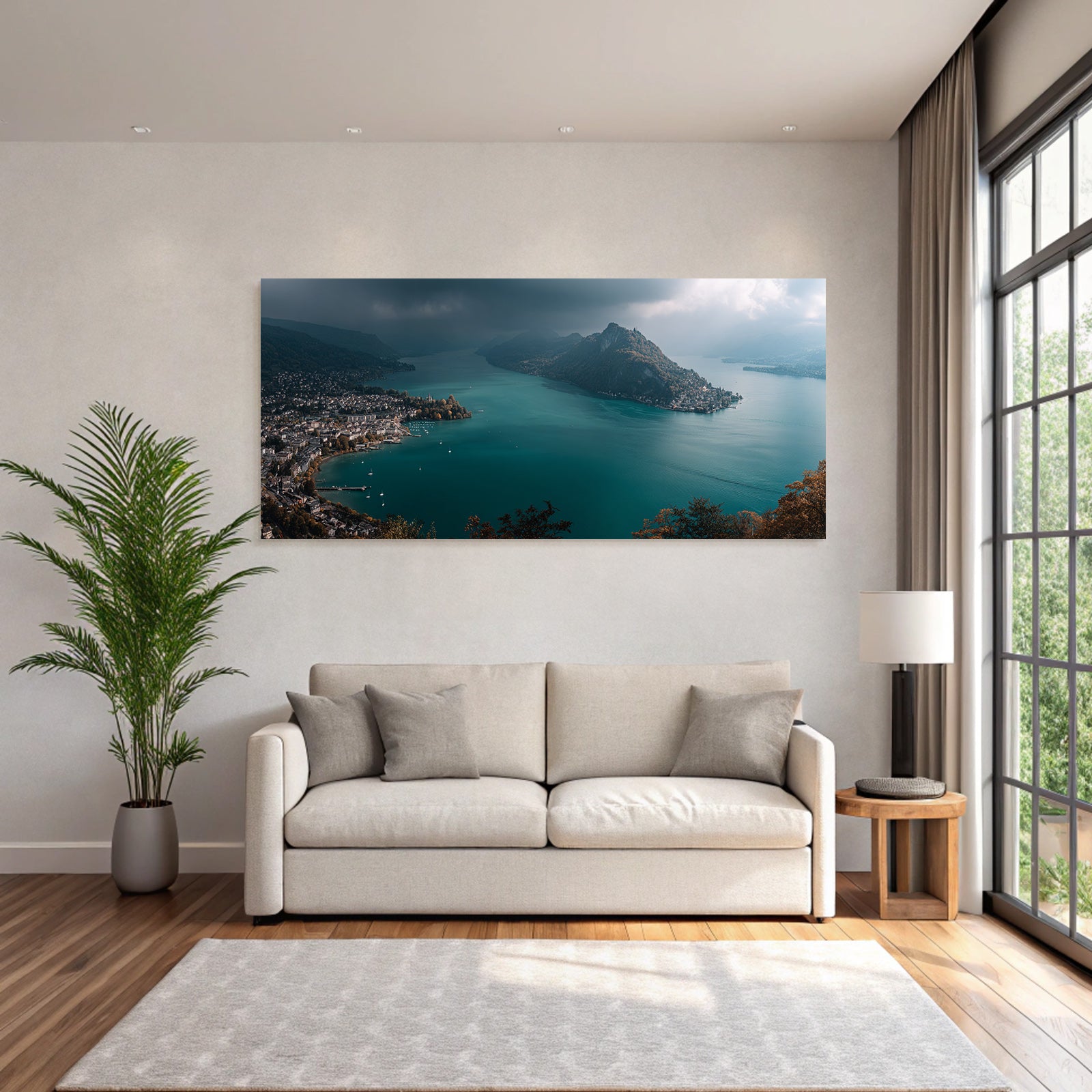 Szenische Landschaft Mit See Umgeben Von Bergen Ortschaft Am Ufer Turquoise Wasser