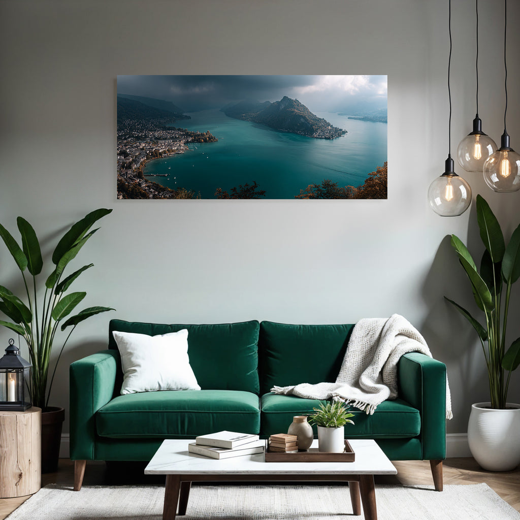 Szenische Landschaft Mit See Umgeben Von Bergen Ortschaft Am Ufer Turquoise Wasser