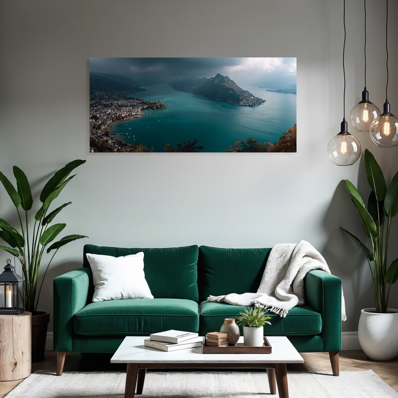 Szenische Landschaft Mit See Umgeben Von Bergen Ortschaft Am Ufer Turquoise Wasser