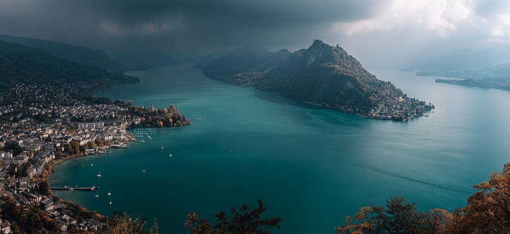 Szenische Landschaft Mit See Umgeben Von Bergen Ortschaft Am Ufer Turquoise Wasser | Reisen und Outdoor | Themen und Hobbys