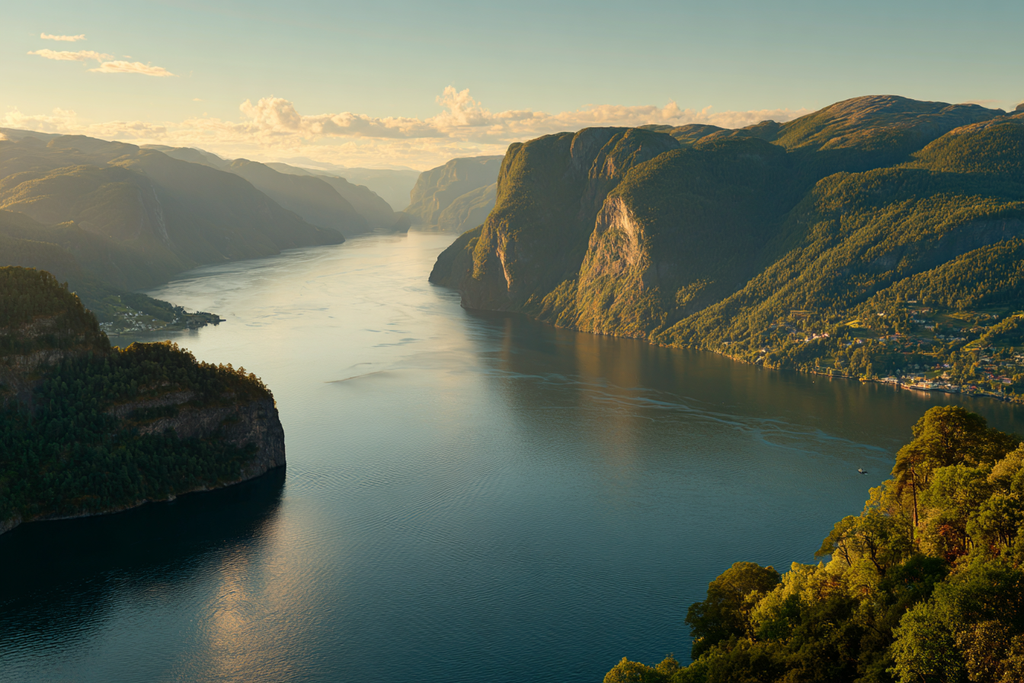 Tranquile Fjord Umgeben Von Bergen Und Grüner Landschaft | Reisen und Outdoor | Themen und Hobbys
