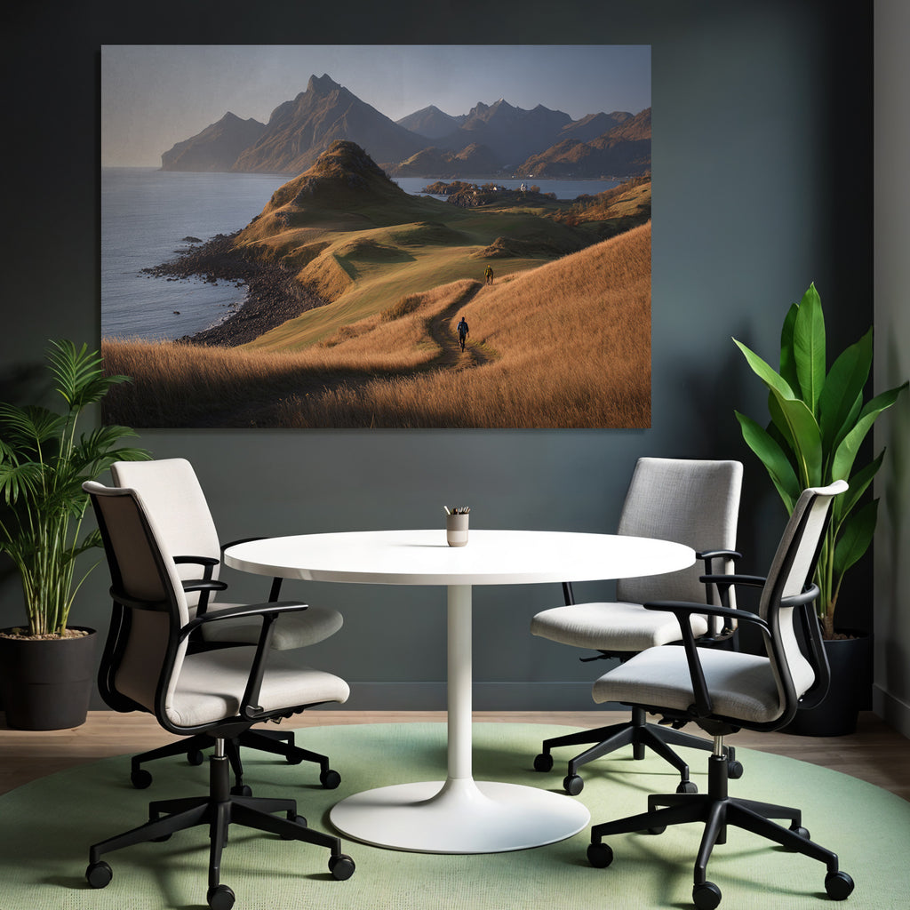 Tranquile Landschaft Wanderer Neben Einem Gewässer Bei Goldener Stunde
