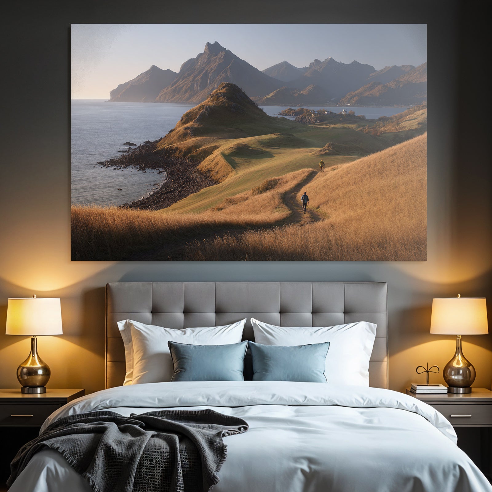 Tranquile Landschaft Wanderer Neben Einem Gewässer Bei Goldener Stunde