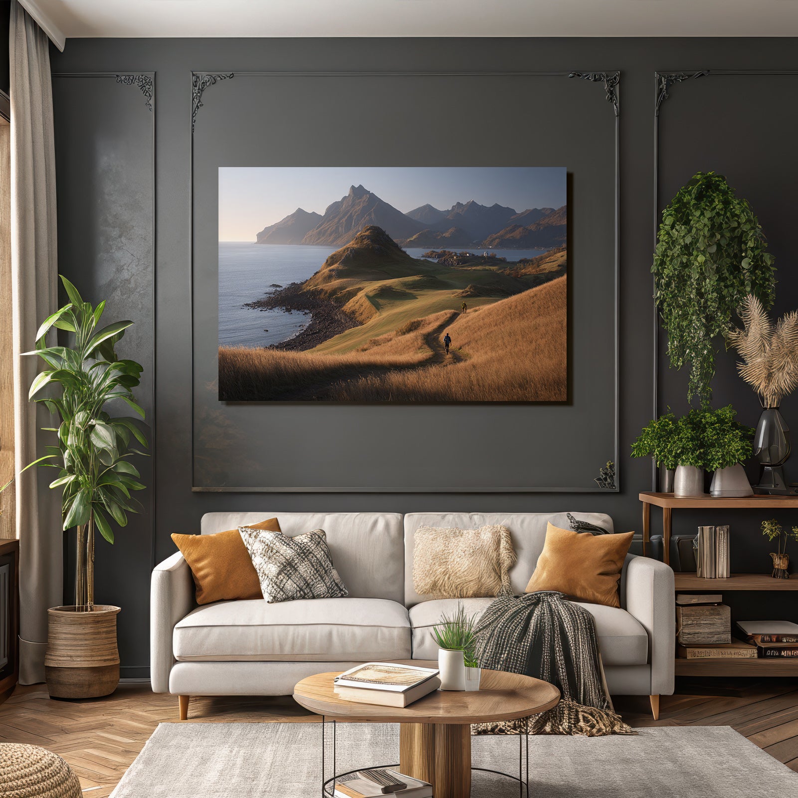 Tranquile Landschaft Wanderer Neben Einem Gewässer Bei Goldener Stunde