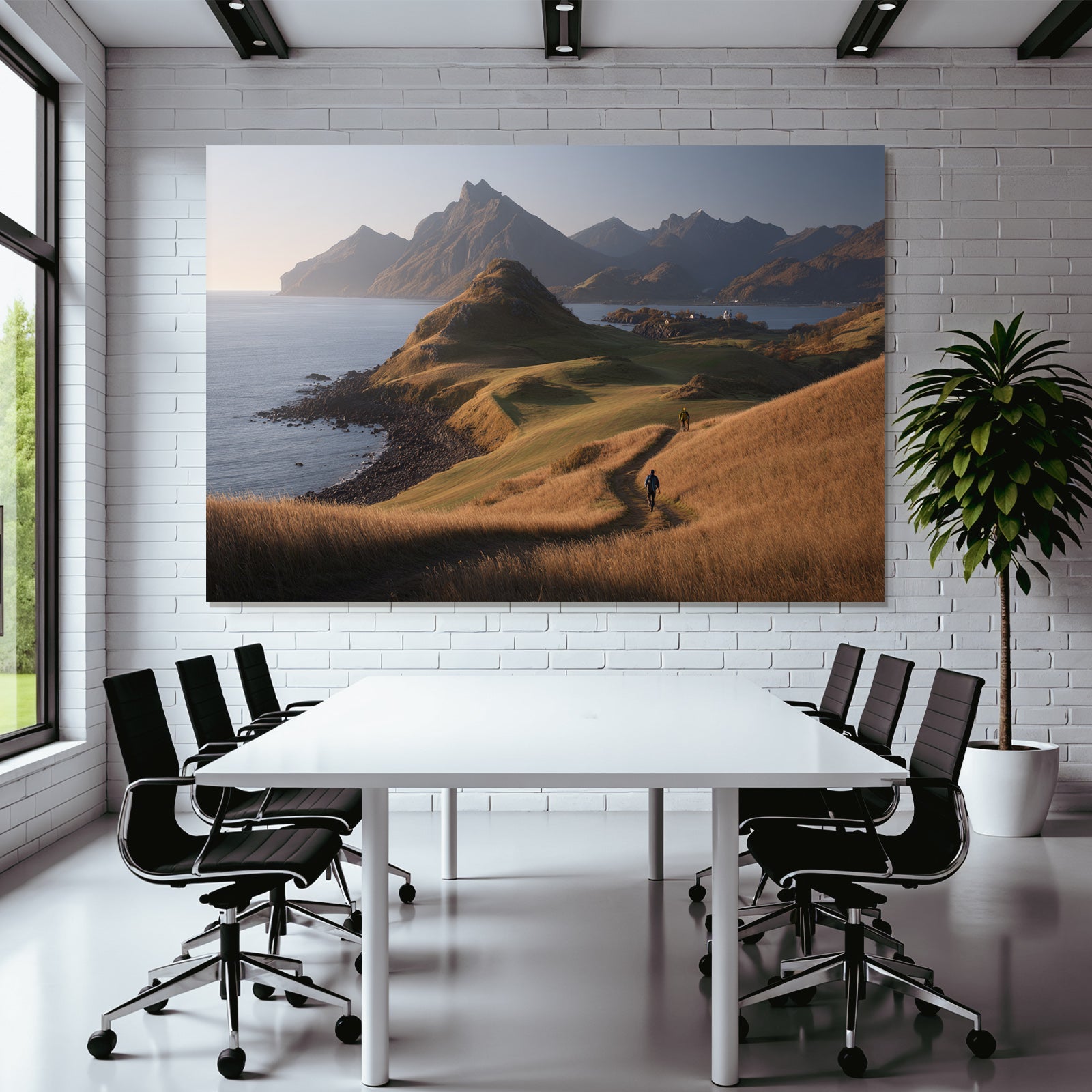 Tranquile Landschaft Wanderer Neben Einem Gewässer Bei Goldener Stunde