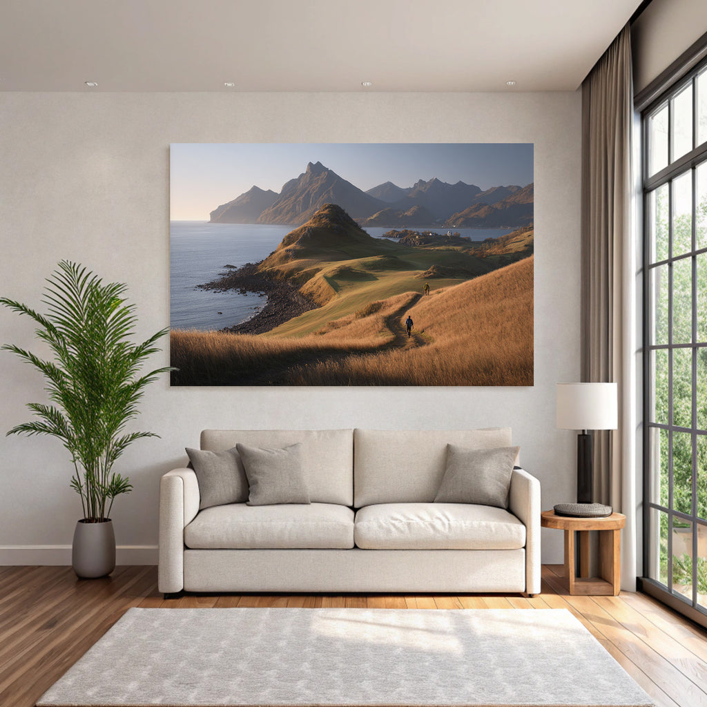 Tranquile Landschaft Wanderer Neben Einem Gewässer Bei Goldener Stunde