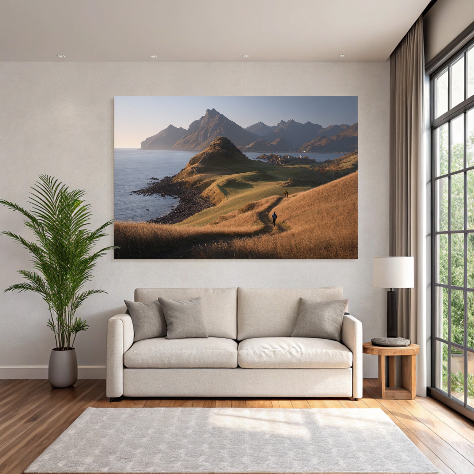 Tranquile Landschaft Wanderer Neben Einem Gewässer Bei Goldener Stunde