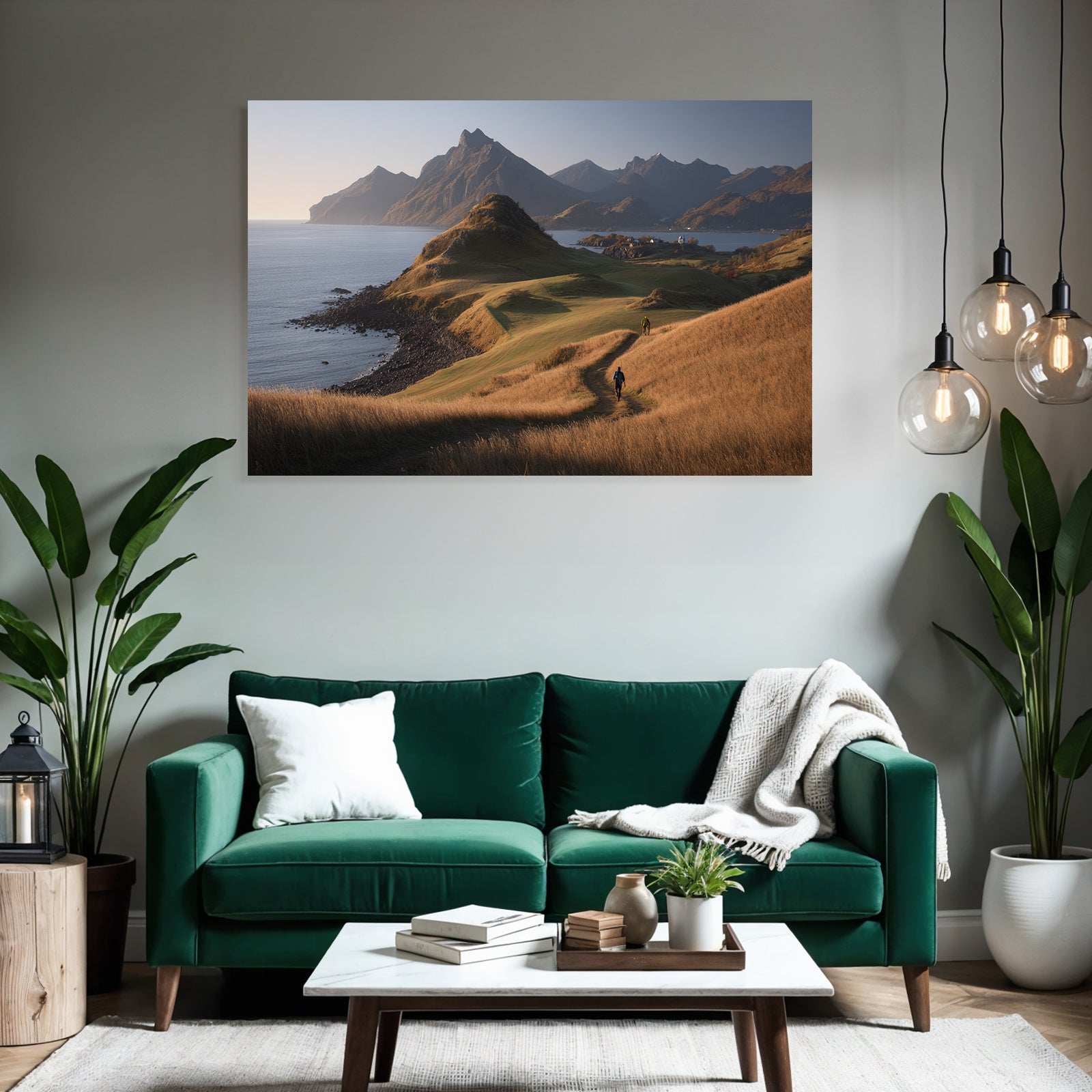 Tranquile Landschaft Wanderer Neben Einem Gewässer Bei Goldener Stunde