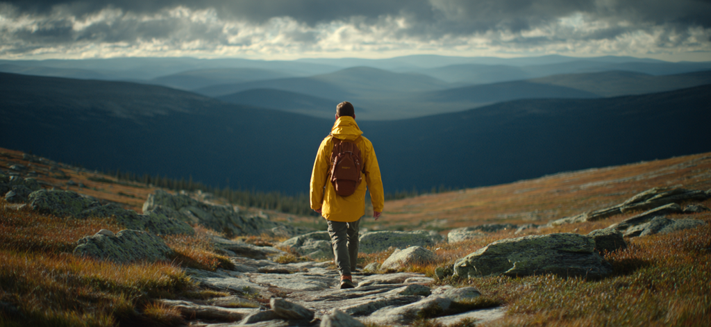 Wanderer Im Bergland Mit Gelber Jacke | Reisen und Outdoor | Themen und Hobbys