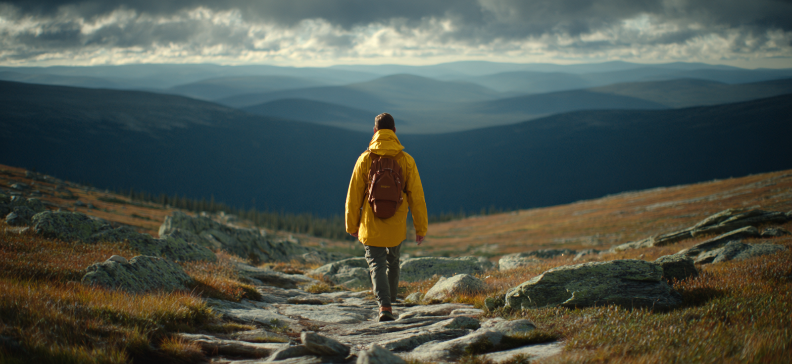Wanderer Im Bergland Mit Gelber Jacke | Reisen und Outdoor | Themen und Hobbys
