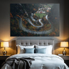 Winding Road In Mountainous Landscape With Autumn Foliage Village And River