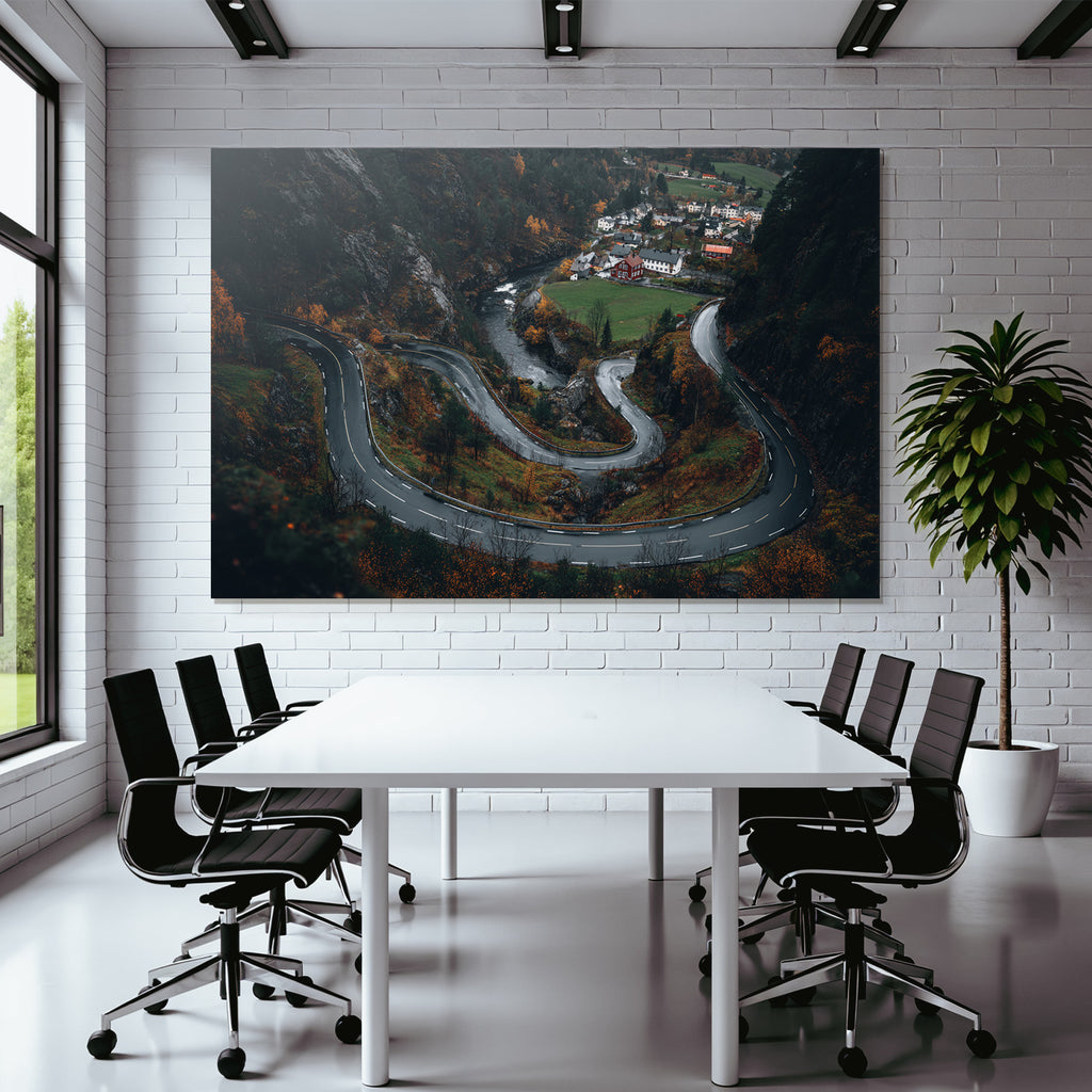 Winding Road In Mountainous Landscape With Autumn Foliage Village And River