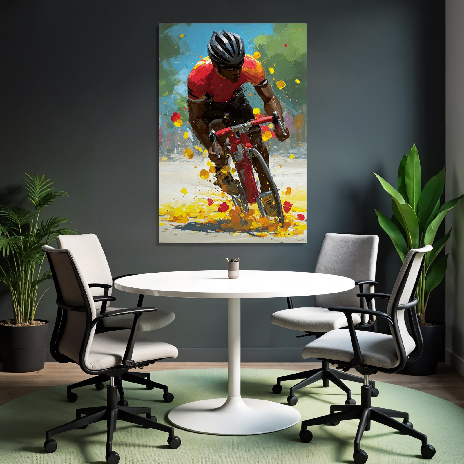 Dynamischer Cyclist In Bewegung Rot Orange Jersey Auf Rotem Fahrrad