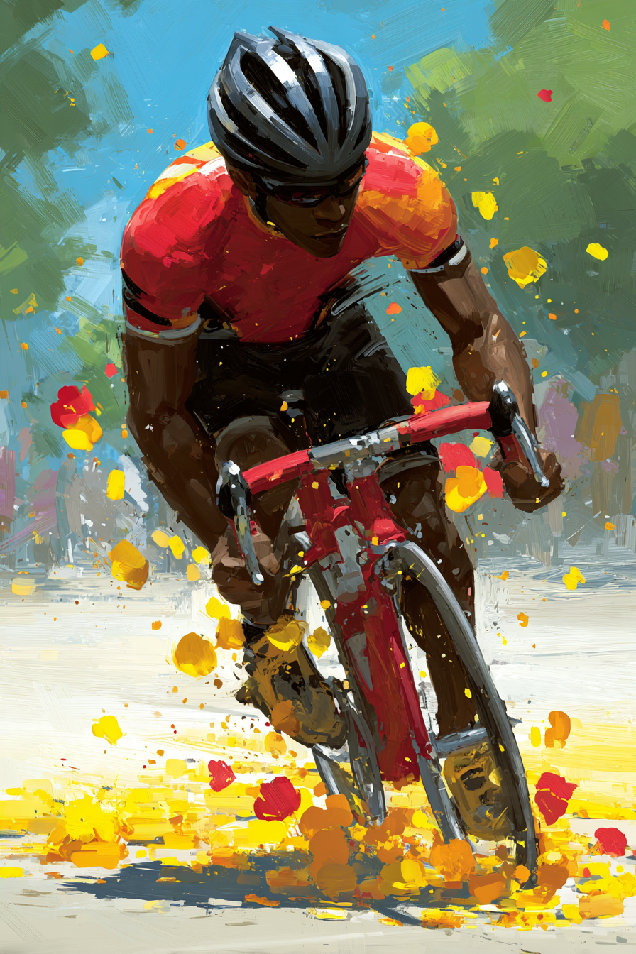 Dynamischer Cyclist In Bewegung Rot Orange Jersey Auf Rotem Fahrrad | Sport und Bewegung | Themen und Hobbys