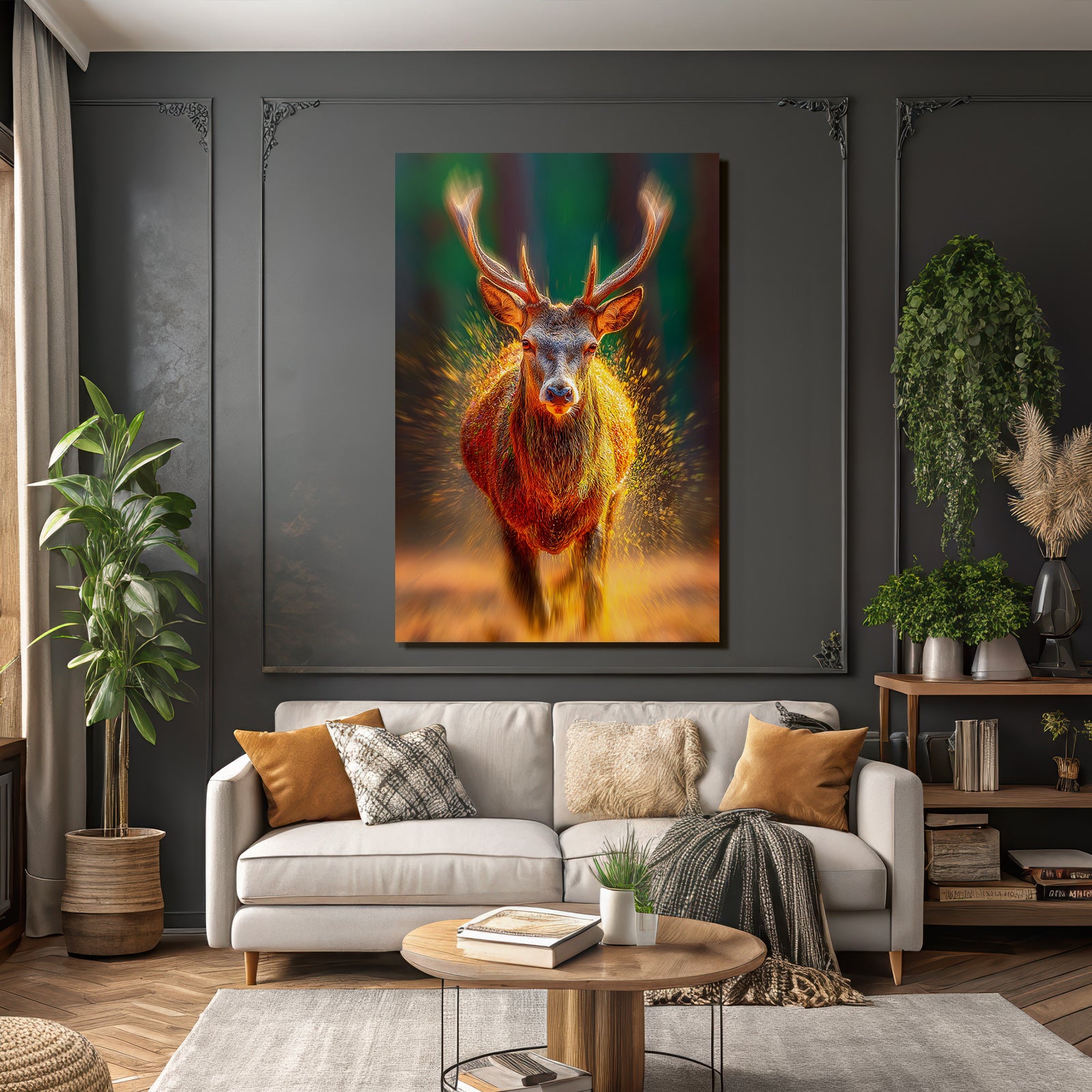 Ein Hirsch In Bewegung Dramatischer Stil Mit Vibranten Farben