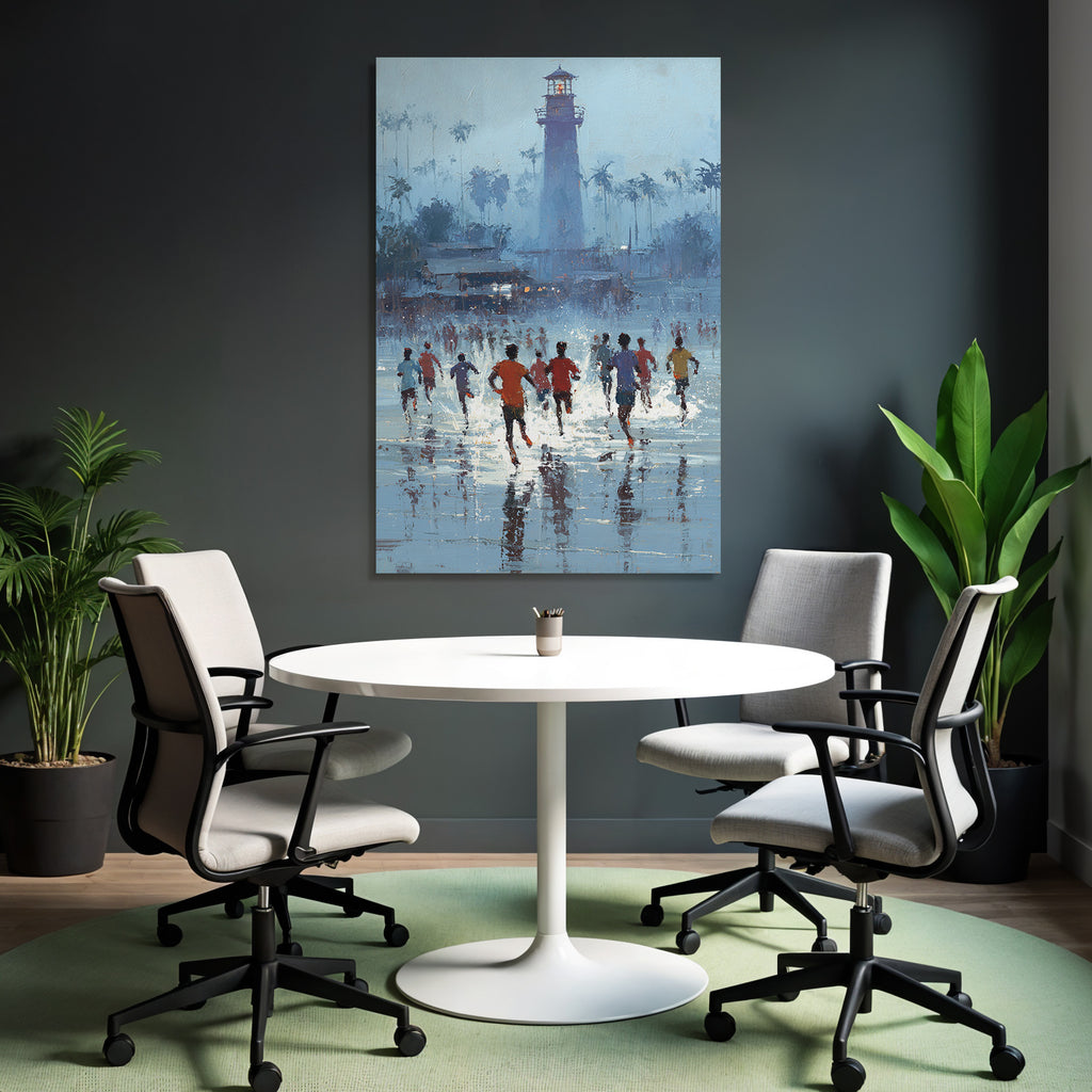Gruppe Von Menschen Laeuft Am Strand Mit Leuchtturm Im Hintergrund