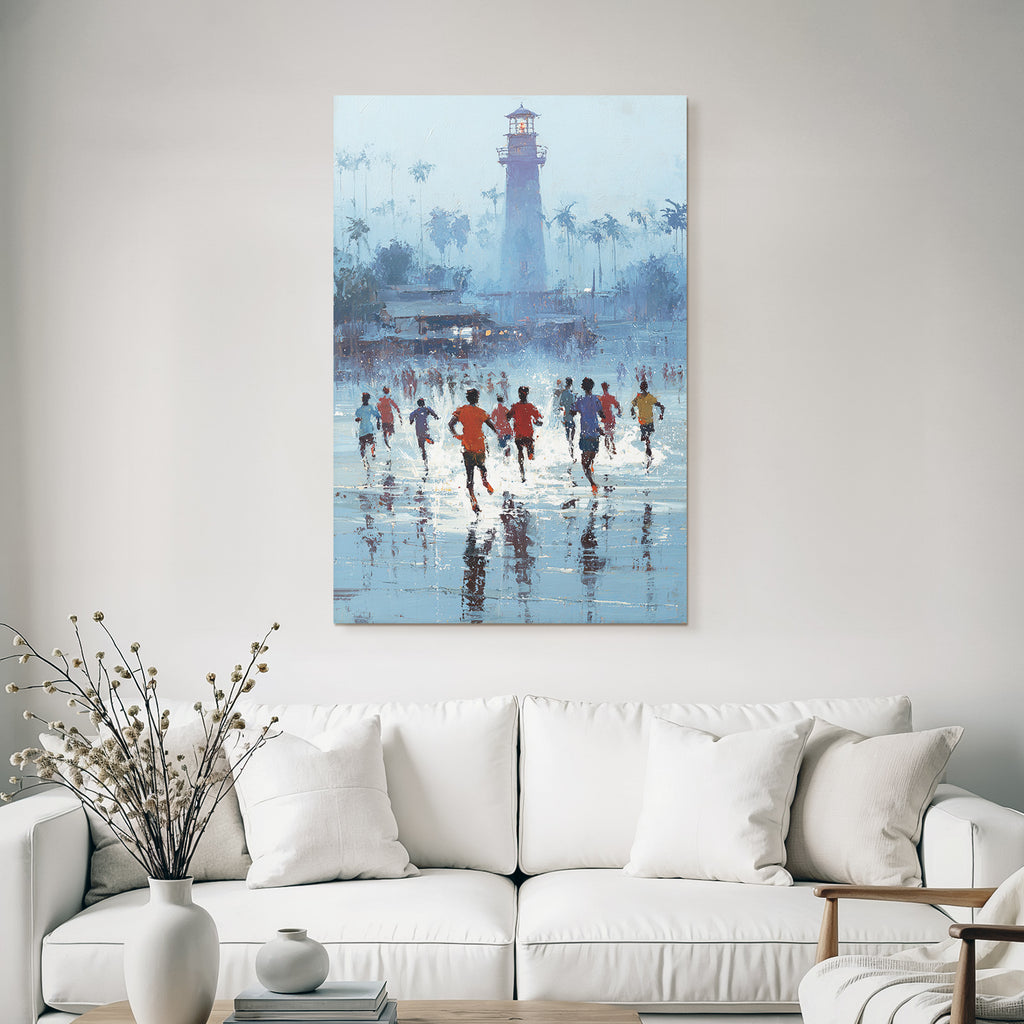 Gruppe Von Menschen Laeuft Am Strand Mit Leuchtturm Im Hintergrund