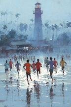 Gruppe Von Menschen Laeuft Am Strand Mit Leuchtturm Im Hintergrund | Sport und Bewegung | Themen und Hobbys