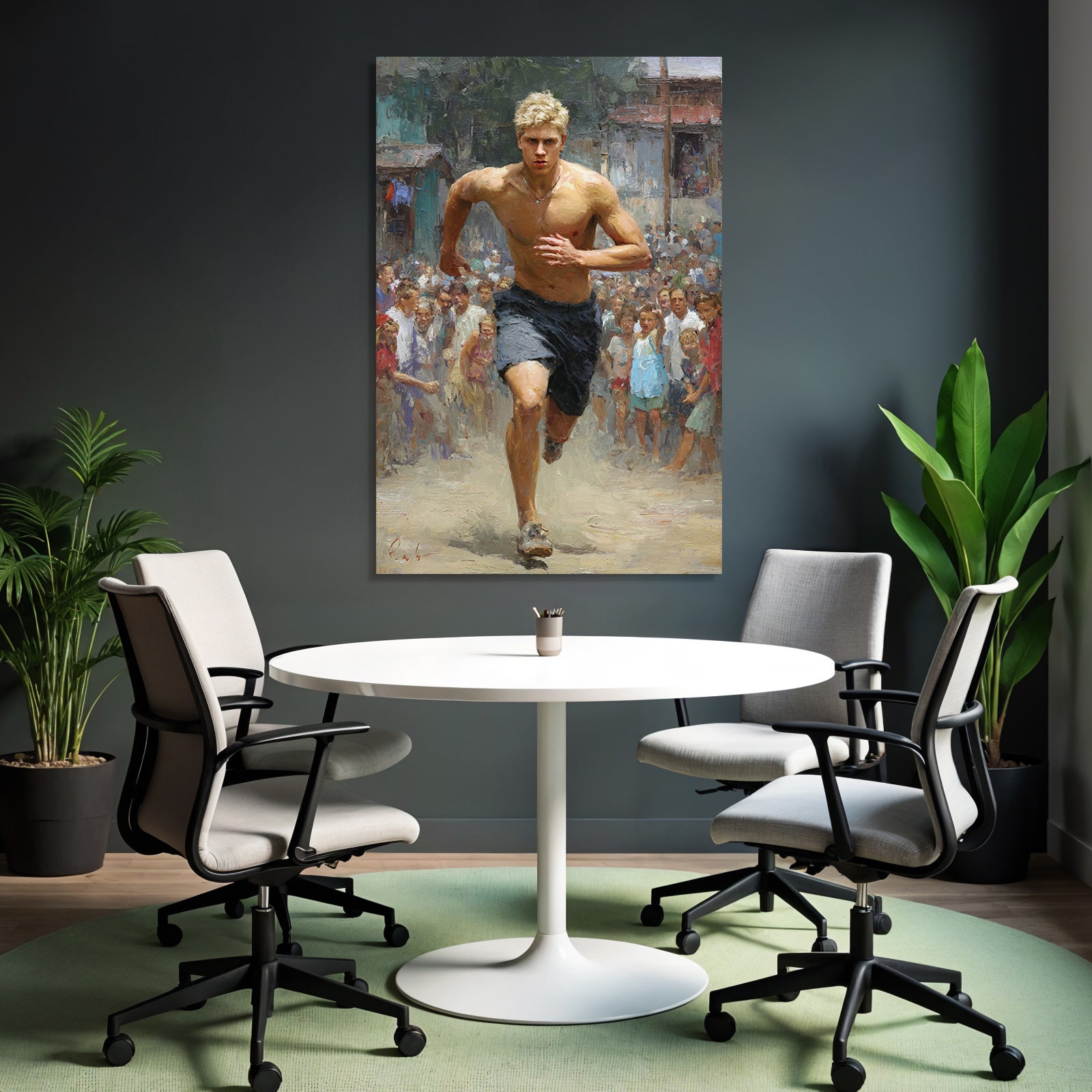 Junger Mann Im Sprint Mit Menge Im Hintergrund Ausdruck Von Energie