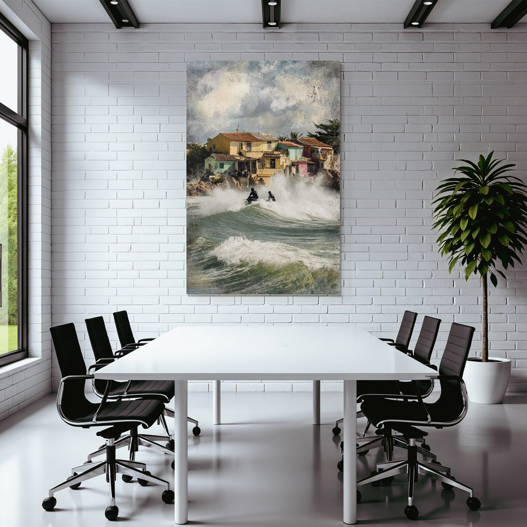 Küstenszene Surfer Und Lebendige Haeuser Mit Dramatischen Wolken