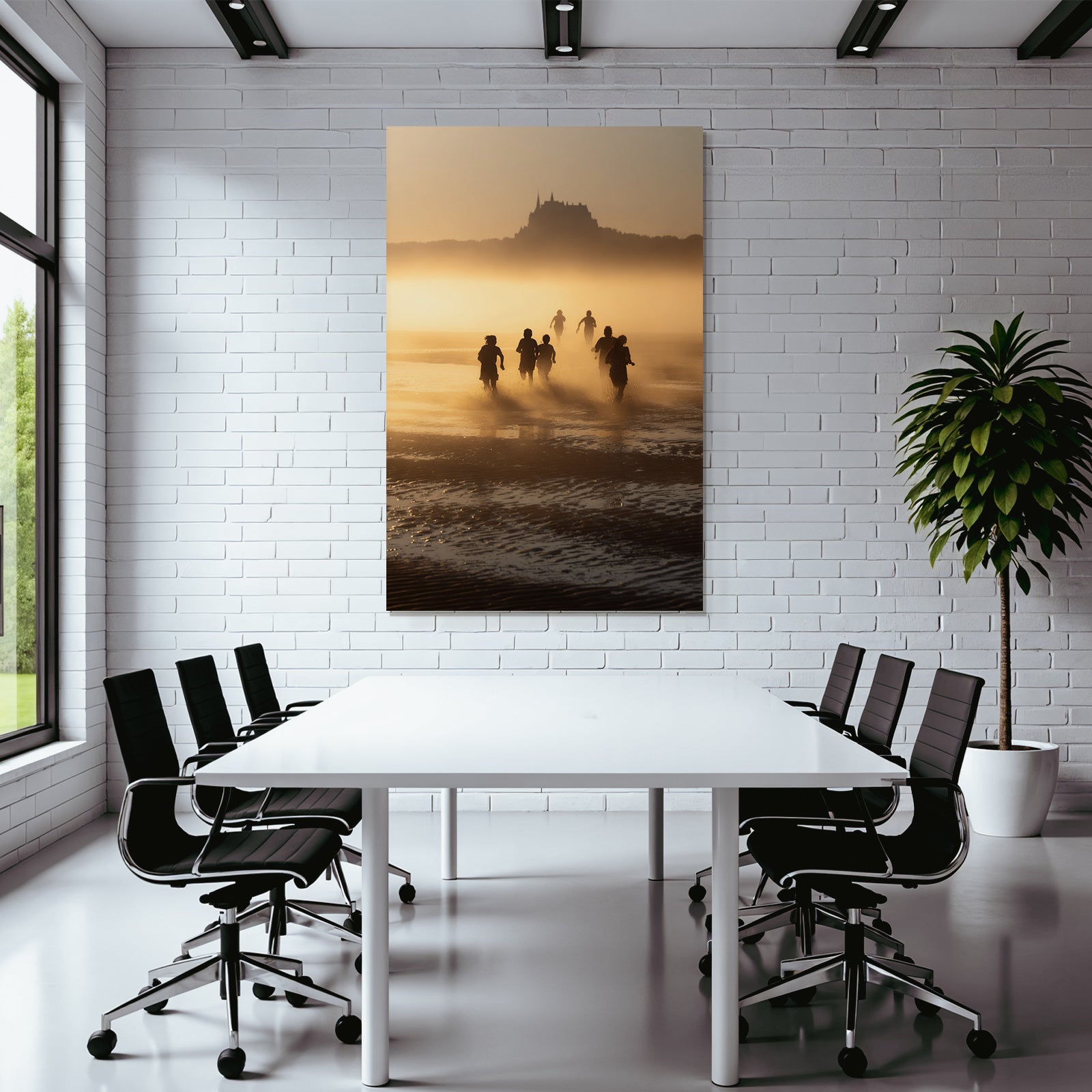 Laufende Menschen Am Strand Bei Sonnenuntergang Mit Burg Im Hintergrund