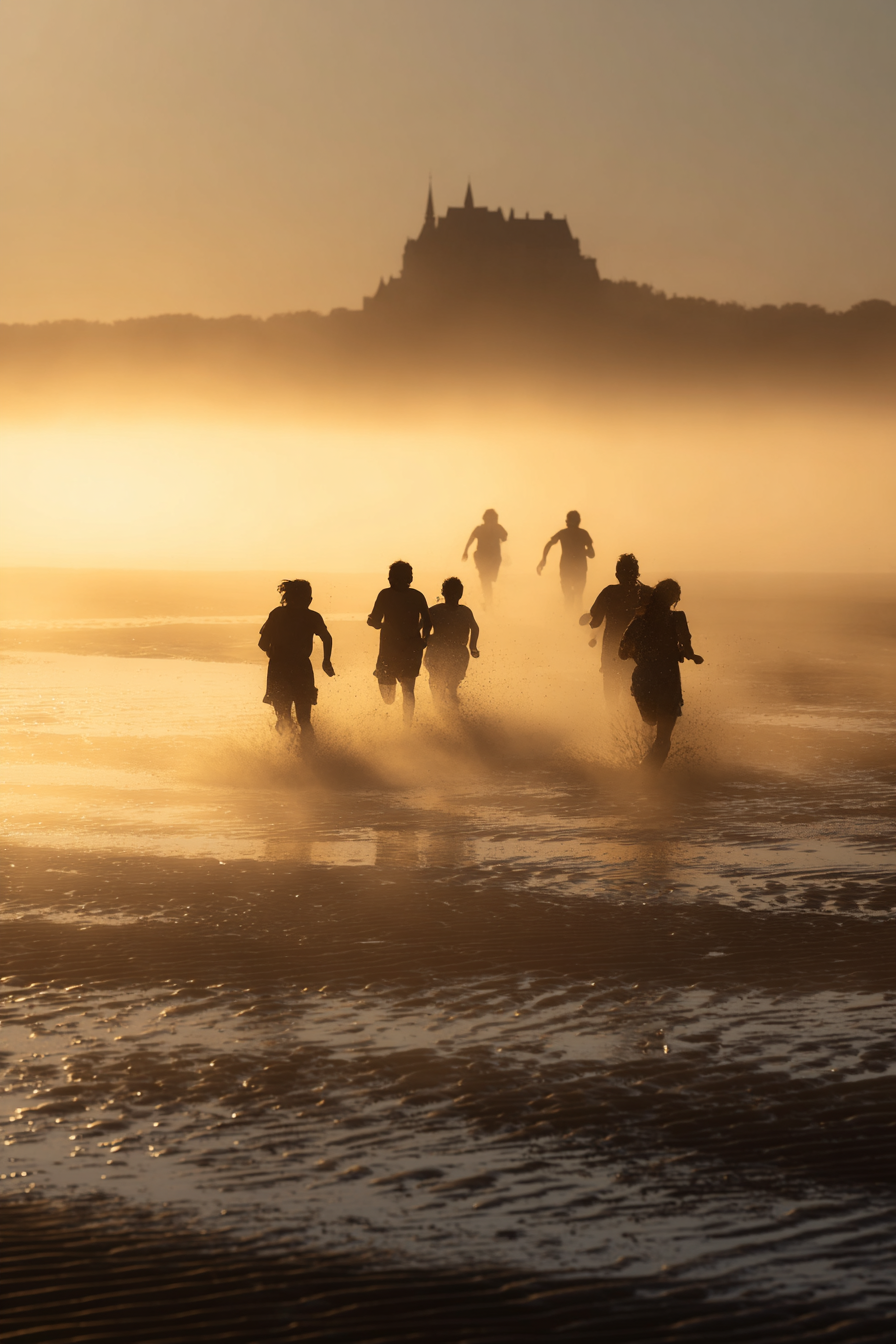 Laufende Menschen Am Strand Bei Sonnenuntergang Mit Burg Im Hintergrund | Sport und Bewegung | Themen und Hobbys