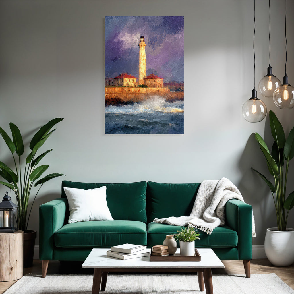 Leuchtturm Am Felsigen Küstenbild Mit Dramatischem Himmel