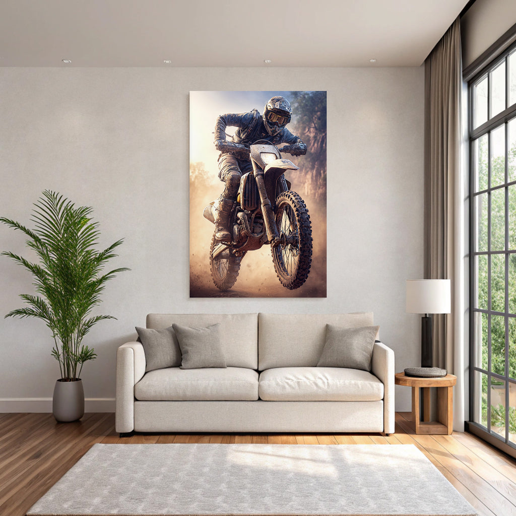 Motocross Fahrer Dirt Bike Schutzkleidung Rugged Terrain Dramatische Umgebung