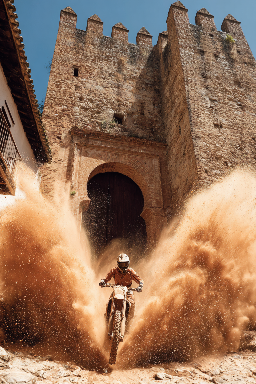 Motocross Fahrer Fährt Durch Dustige Gegend Vor Historischer Festung | Sport und Bewegung | Themen und Hobbys