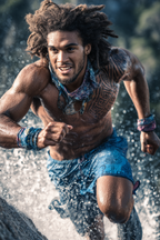 Muskulöser Mann Laeuft Durch Wasser Im Freien Mit Tattoos Und Langem Haar | Sport und Bewegung | Themen und Hobbys