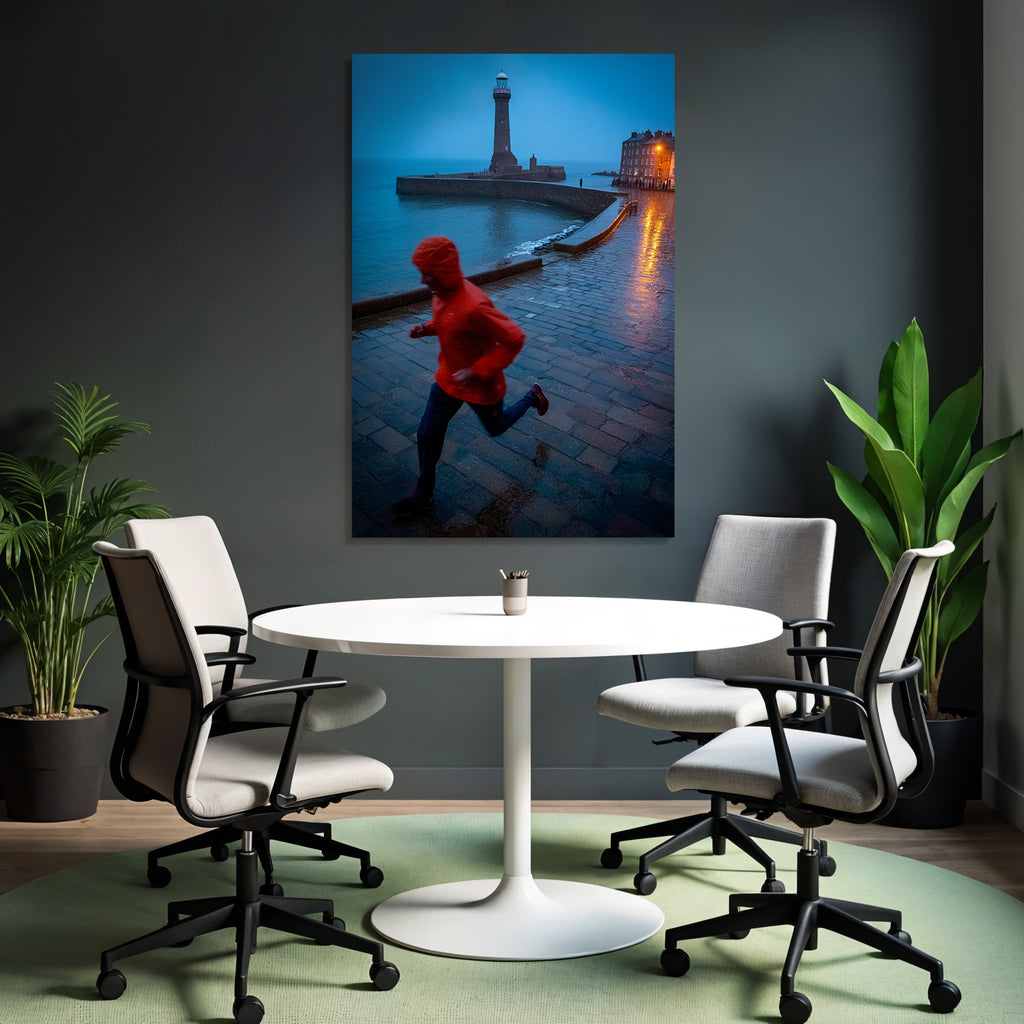 Person Mit Roter Jacke Laufend Am Wasserrand Im Dämmerlicht