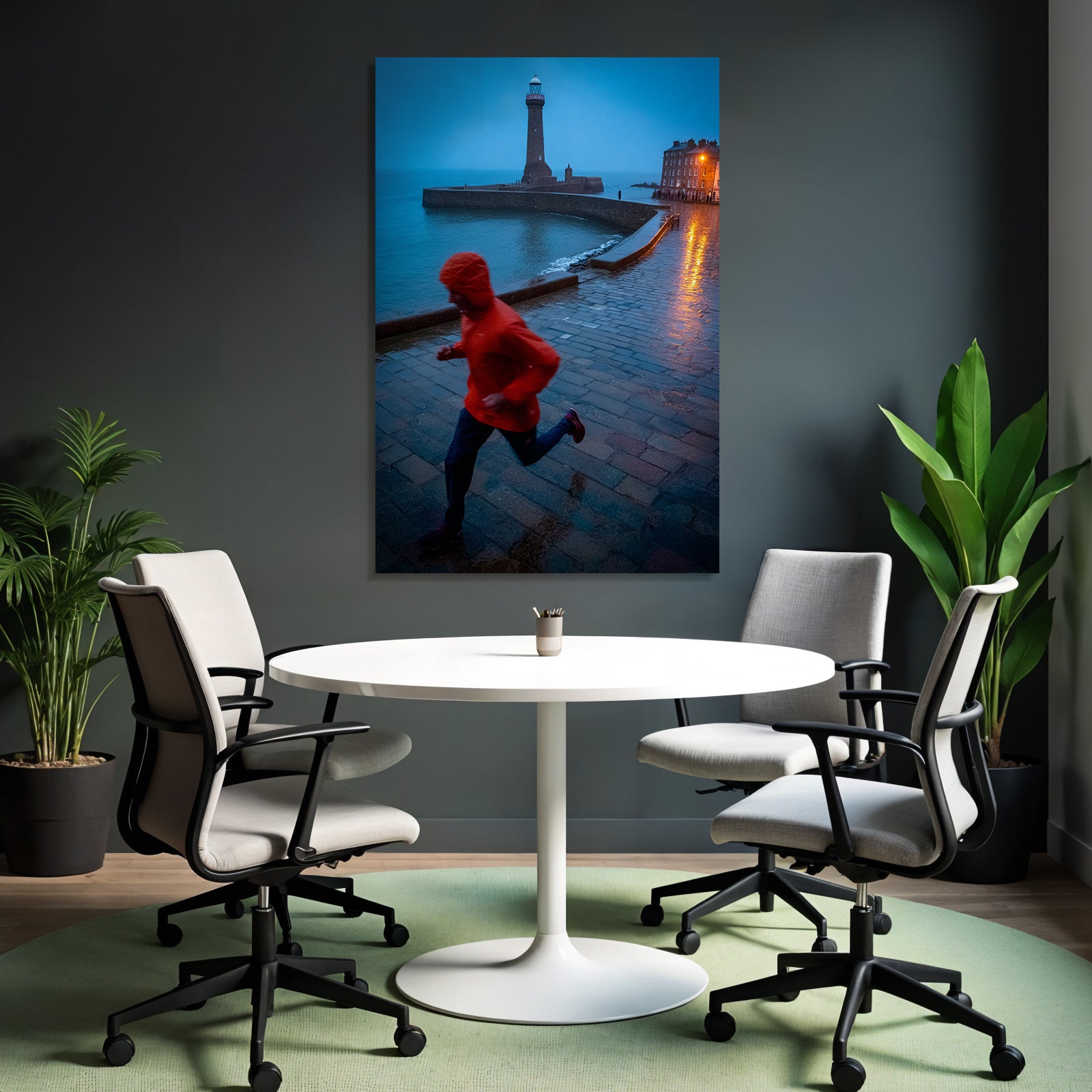 Person Mit Roter Jacke Laufend Am Wasserrand Im Dämmerlicht