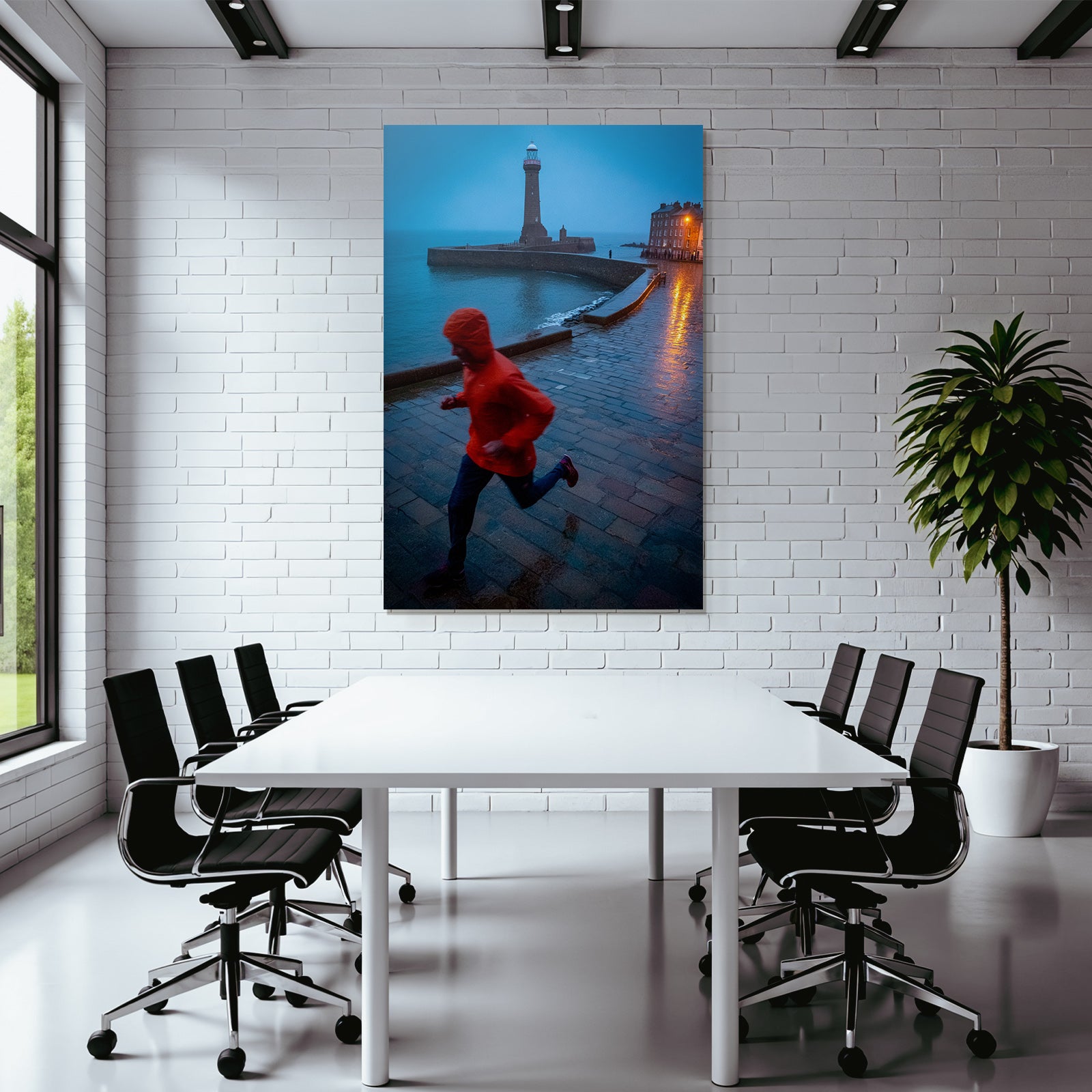 Person Mit Roter Jacke Laufend Am Wasserrand Im Dämmerlicht