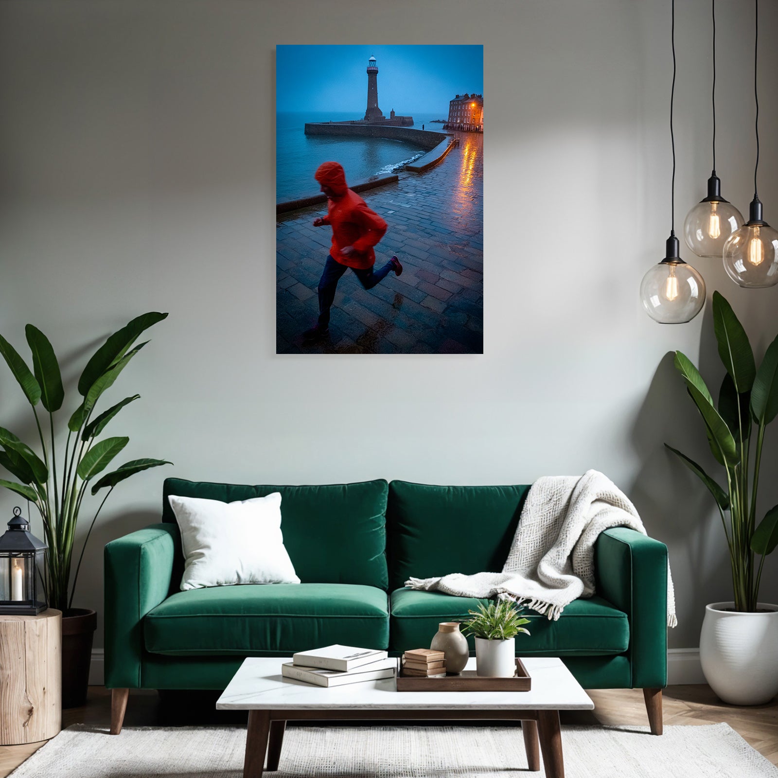 Person Mit Roter Jacke Laufend Am Wasserrand Im Dämmerlicht