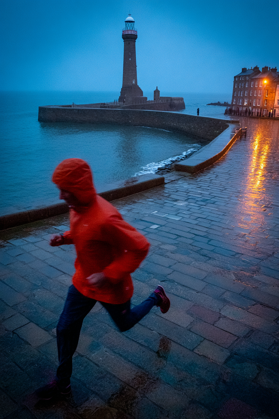 Person Mit Roter Jacke Laufend Am Wasserrand Im Dämmerlicht | Sport und Bewegung | Themen und Hobbys