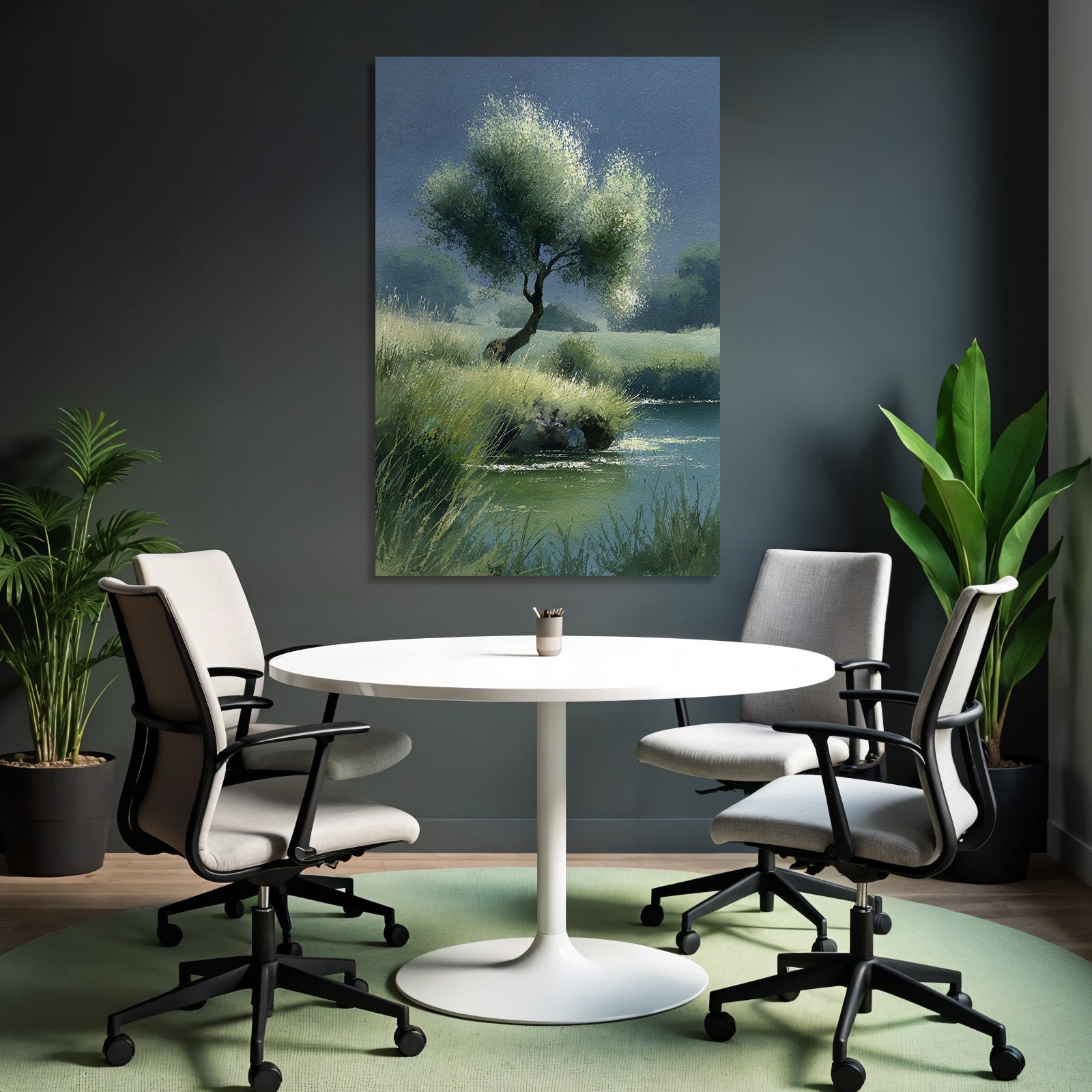 Ruhige Landschaft Mit Baum Am Wasser Wasserfarben Stil