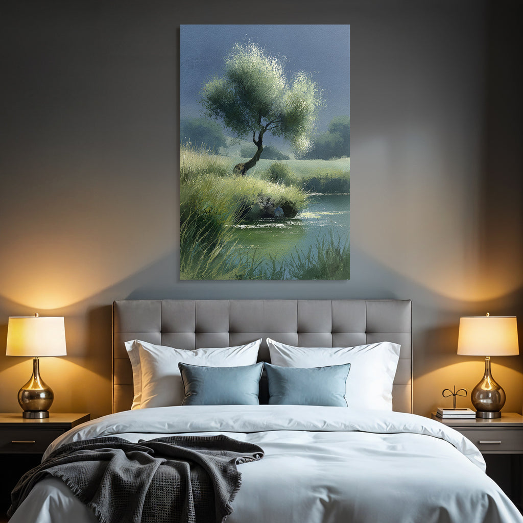 Ruhige Landschaft Mit Baum Am Wasser Wasserfarben Stil
