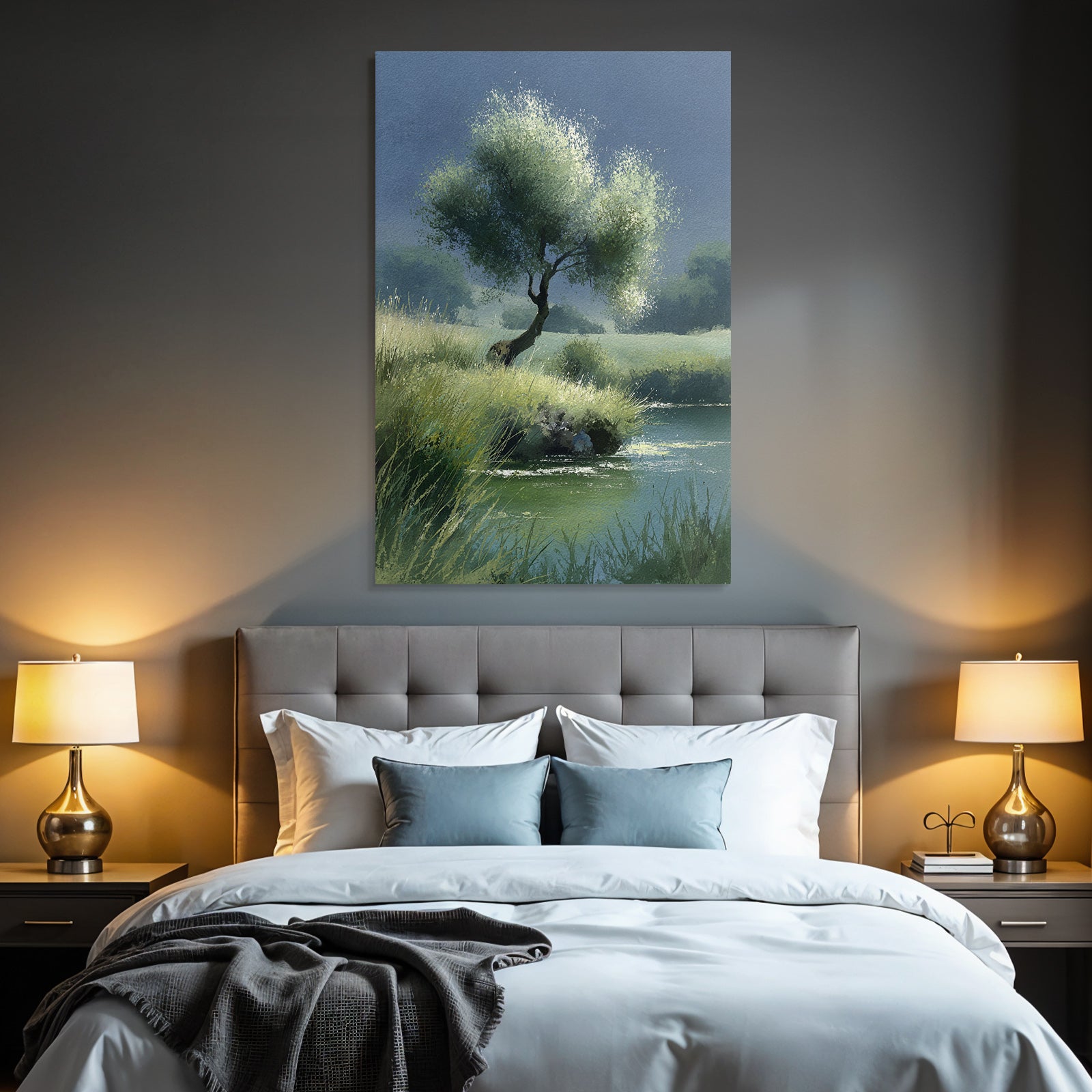 Ruhige Landschaft Mit Baum Am Wasser Wasserfarben Stil