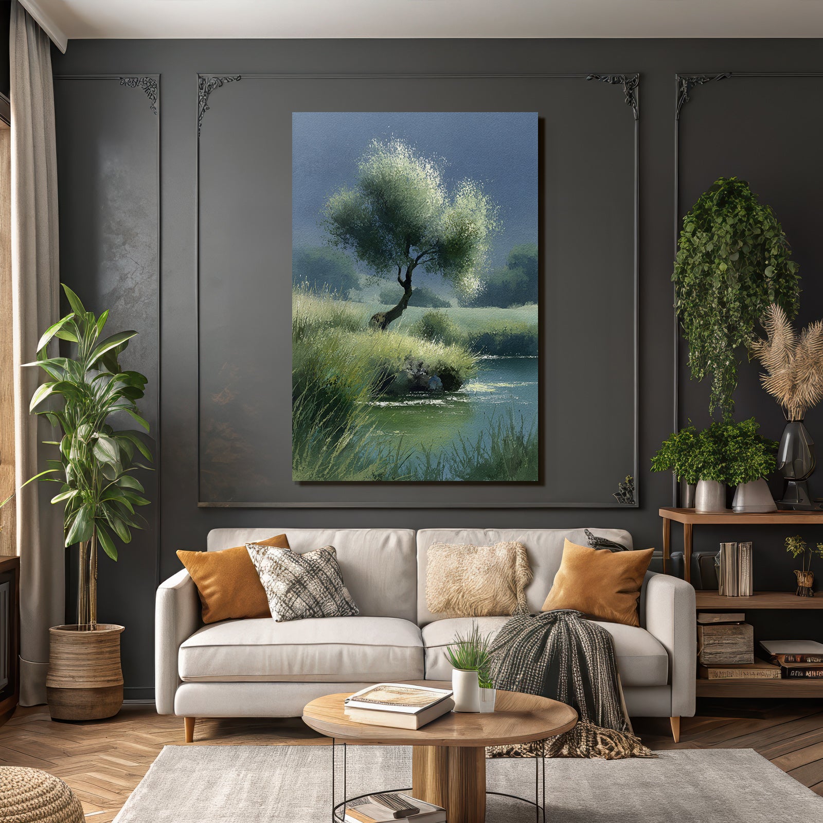 Ruhige Landschaft Mit Baum Am Wasser Wasserfarben Stil