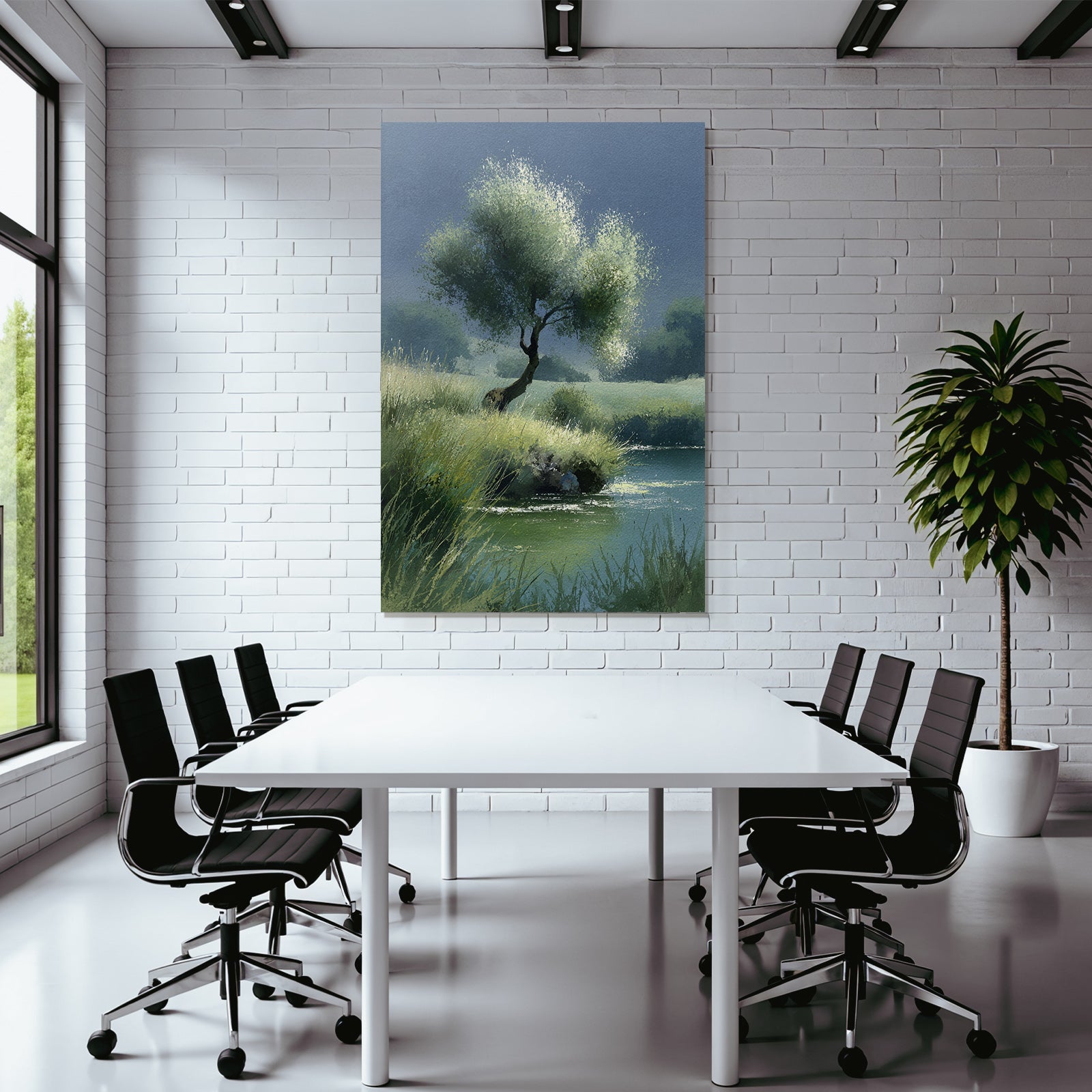 Ruhige Landschaft Mit Baum Am Wasser Wasserfarben Stil