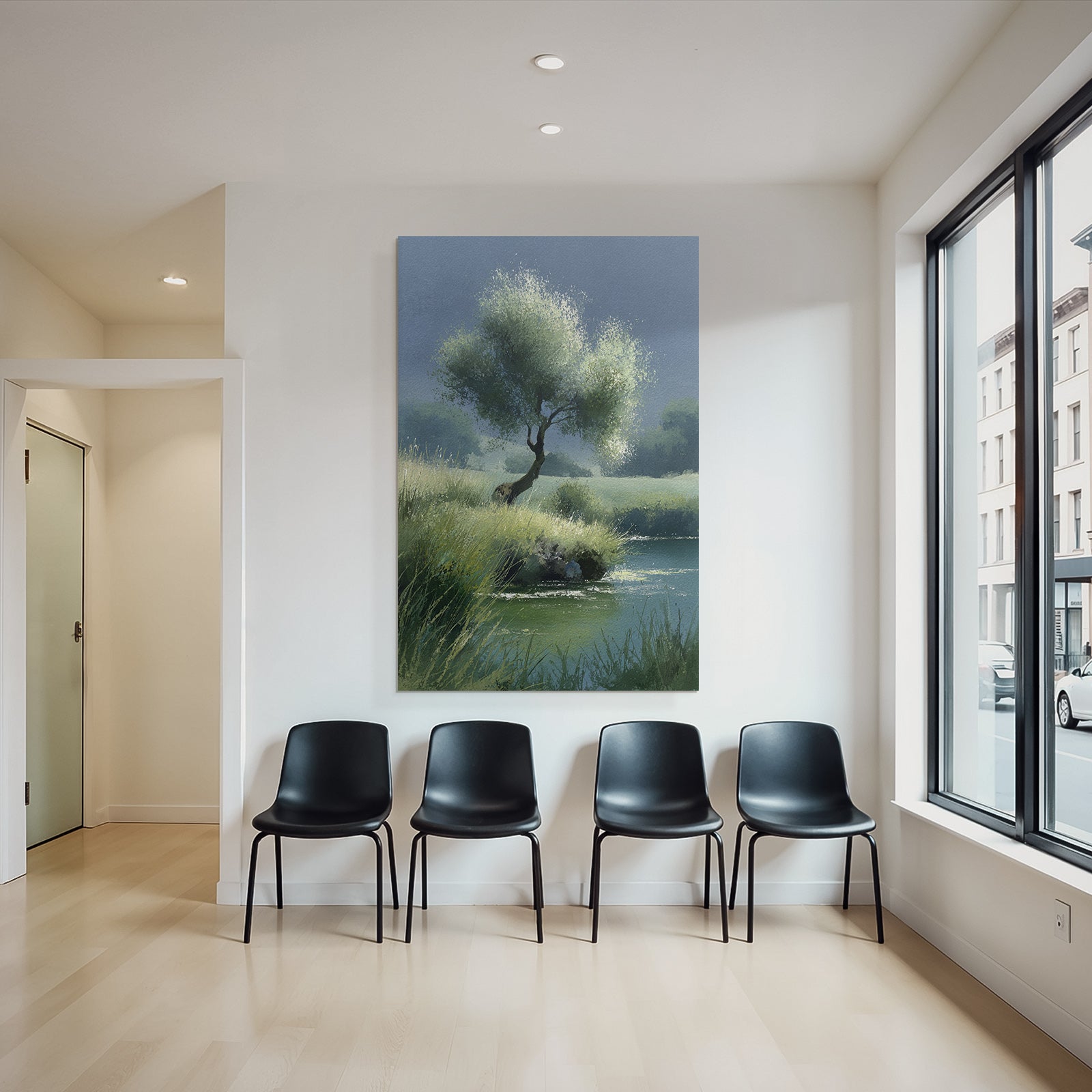 Ruhige Landschaft Mit Baum Am Wasser Wasserfarben Stil