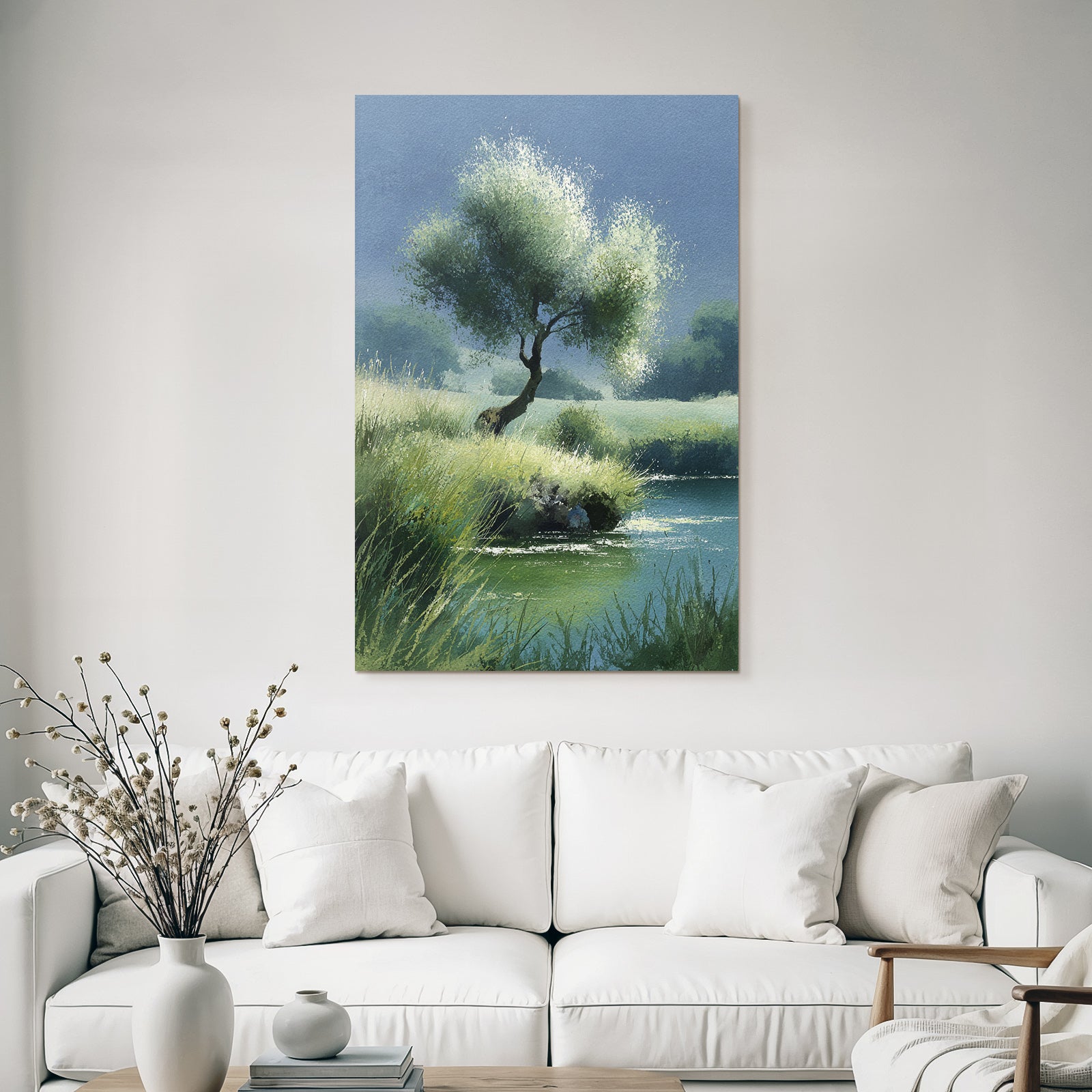 Ruhige Landschaft Mit Baum Am Wasser Wasserfarben Stil