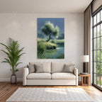 Ruhige Landschaft Mit Baum Am Wasser Wasserfarben Stil